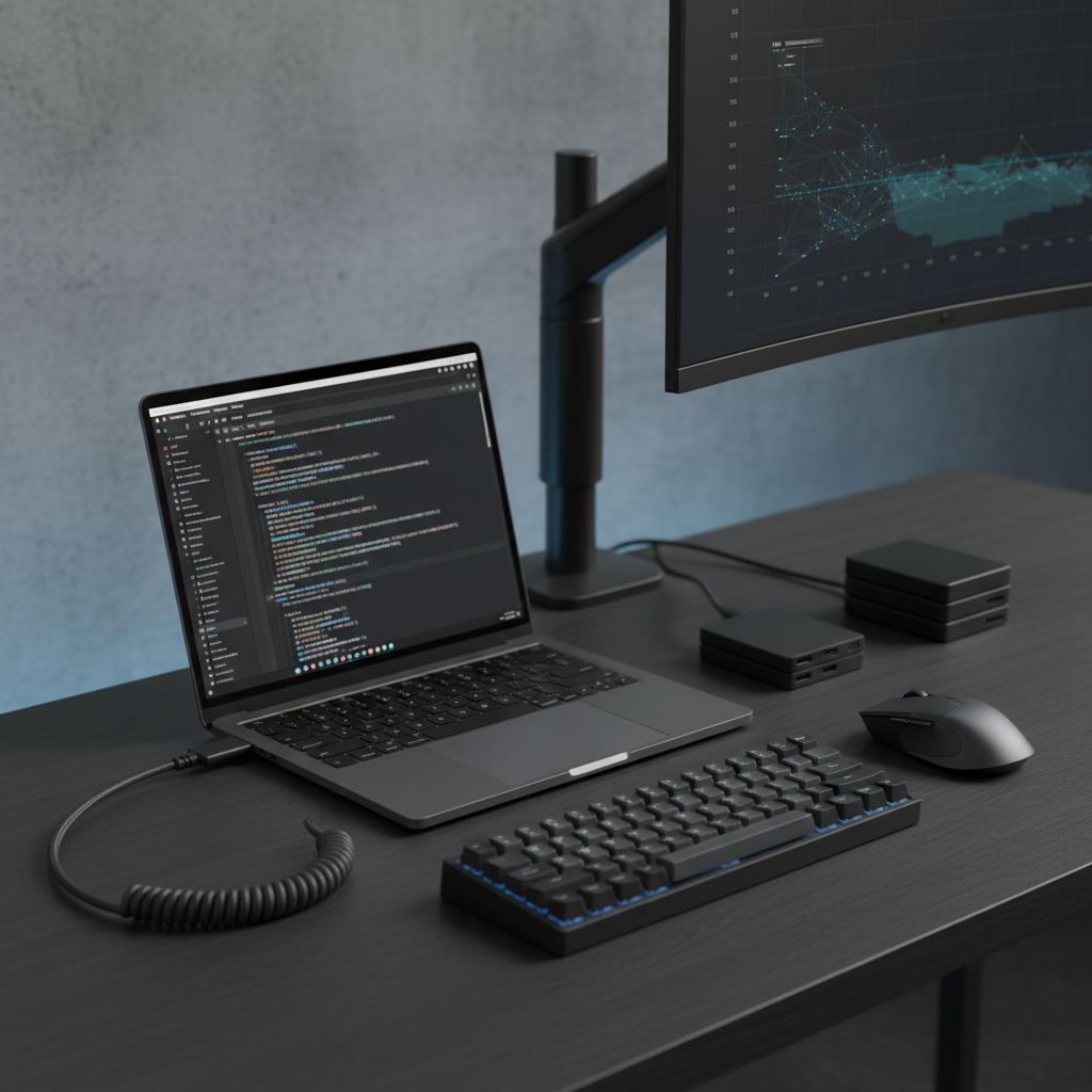 NexCode Pro Developer Kit - Professional developer workspace with laptop and tech accessories